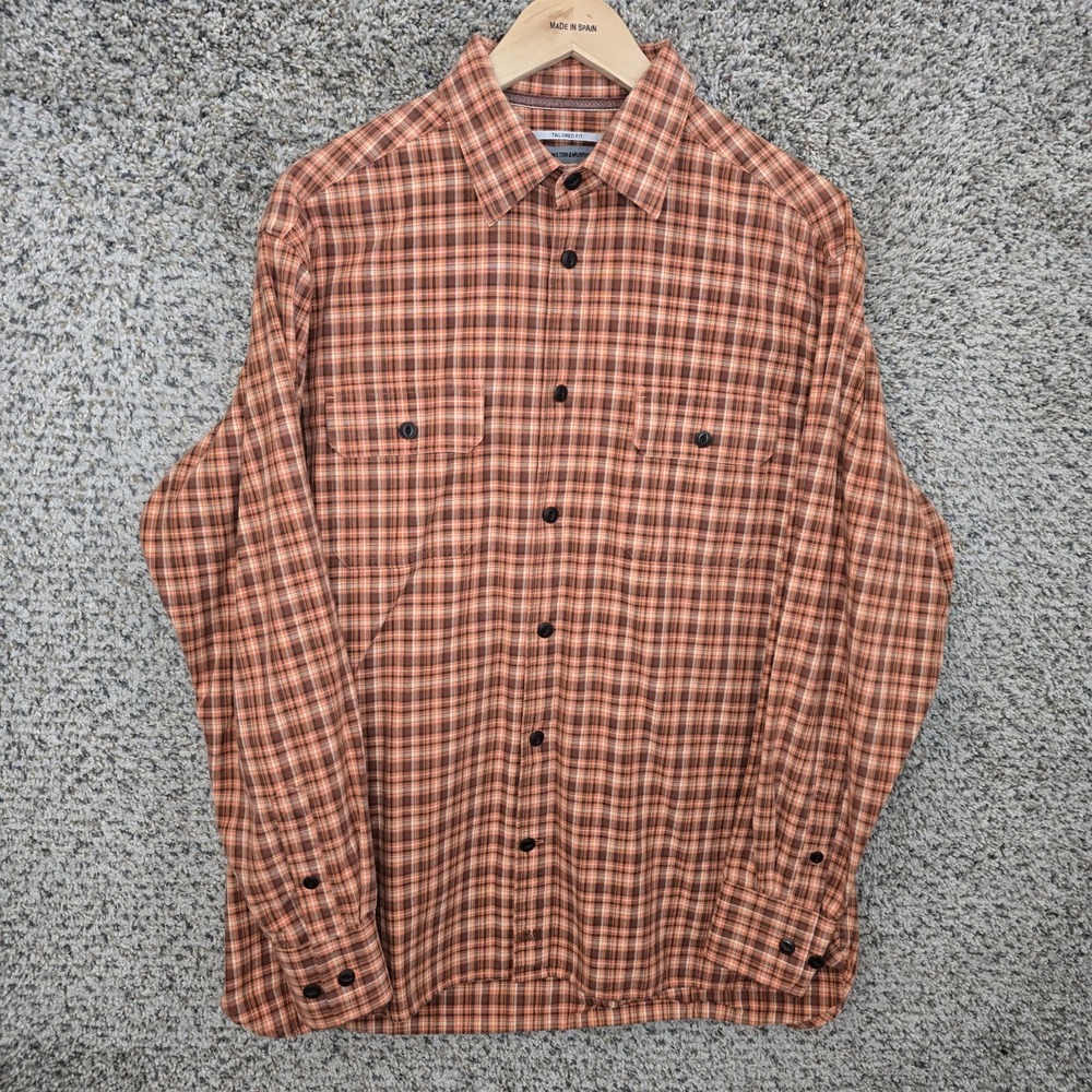 Johnson & Murphy Shirt Mens Large‎ Orange Plaid Button Up Tailored Fit Casual